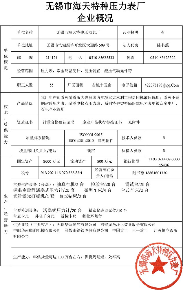 无锡市海天特种压力表厂企业概况